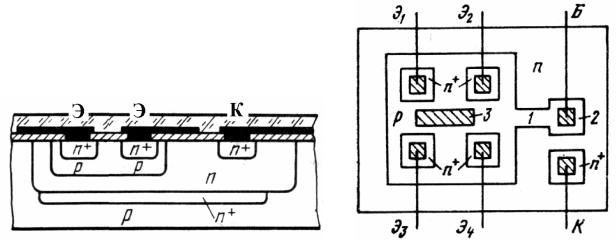 Структура и вид сверху многоэмиттерного транзистора